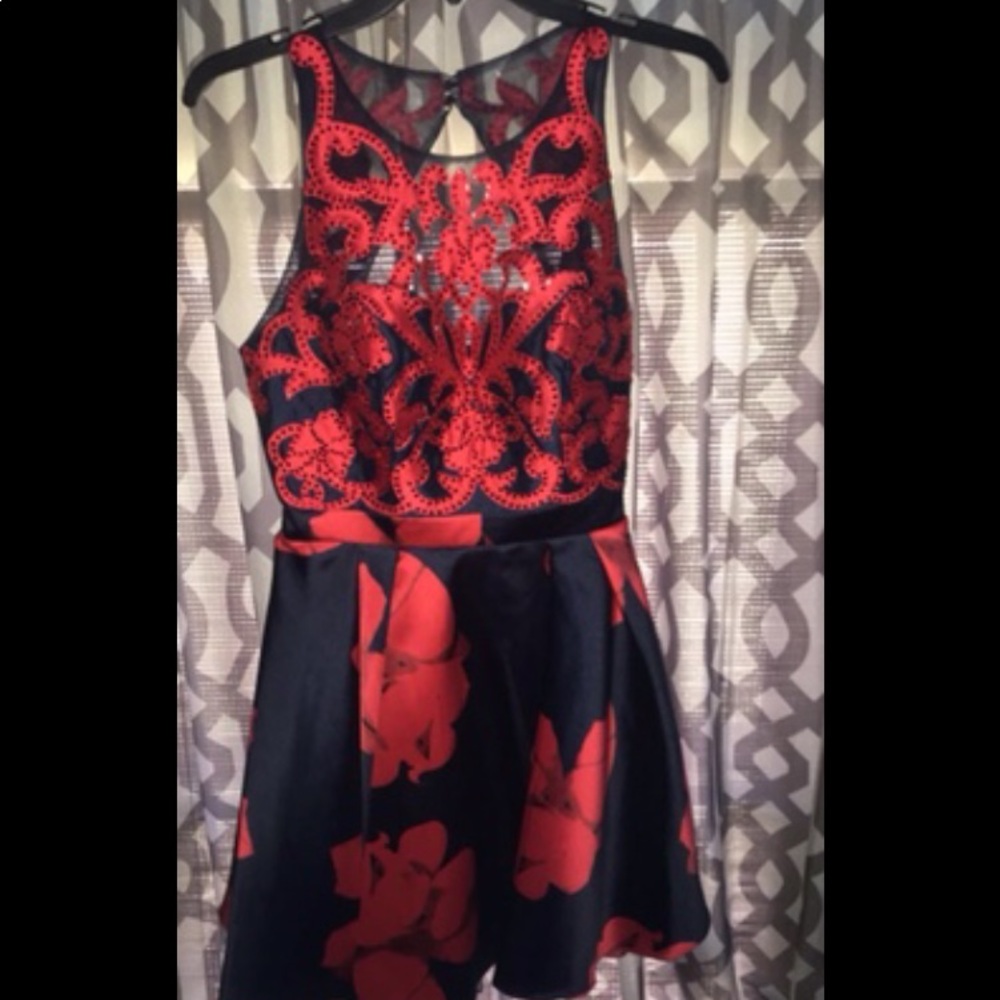 Navy & Red Floral Formal Dress